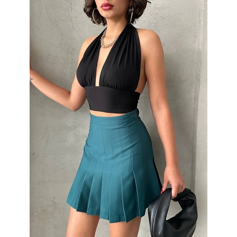 Pileli Düğmeli Etek Yeşil S24811 (Beden: S)