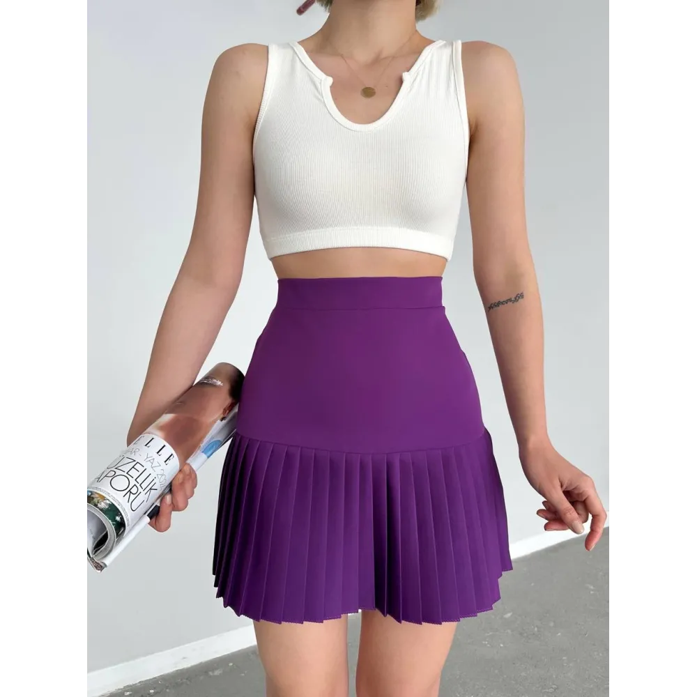 Altı Pliseli Mini Etek Mor S24705 (Beden: S)