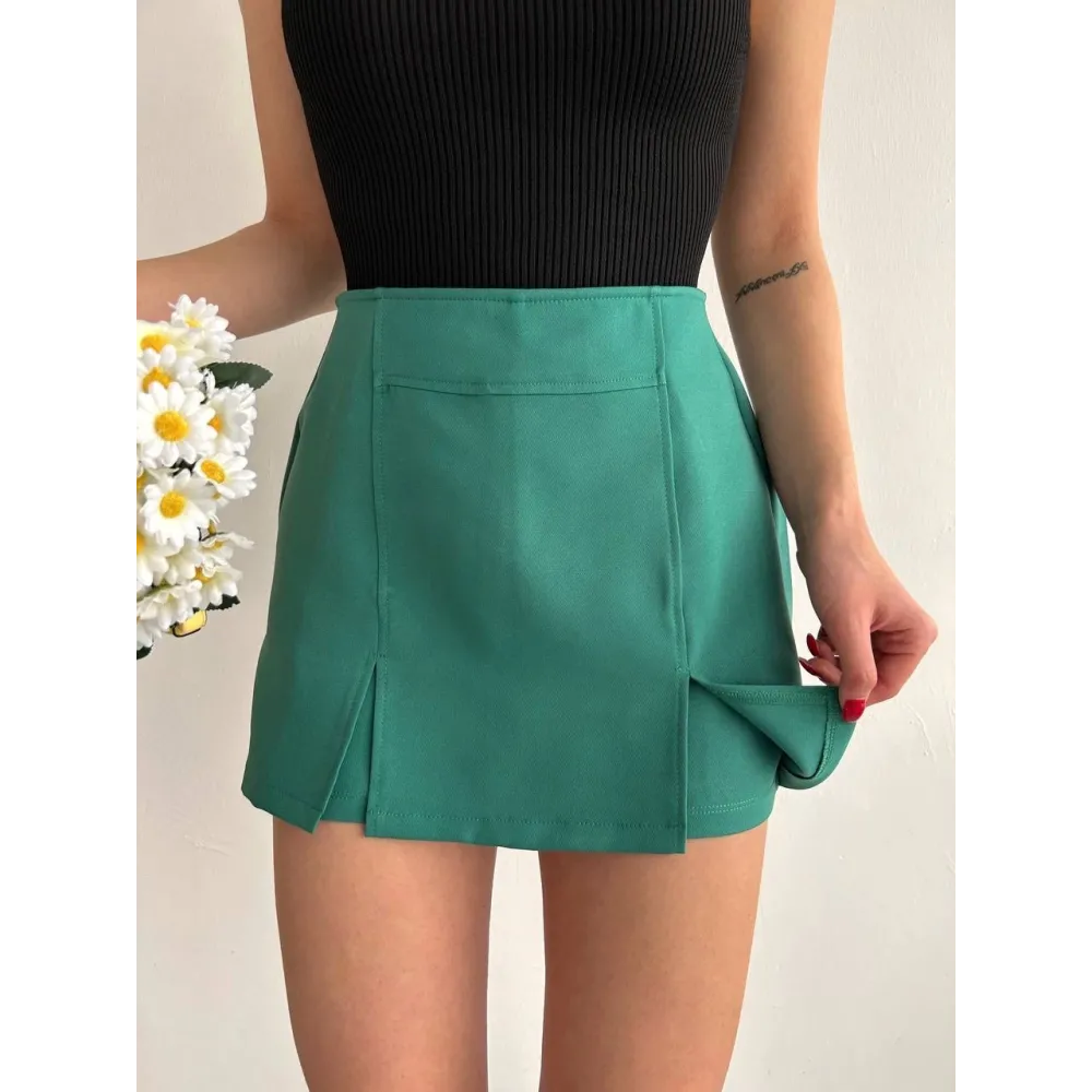 Çift Yırtmaçlı Atlas Şort Etek Yeşil S240364 (Beden: M)