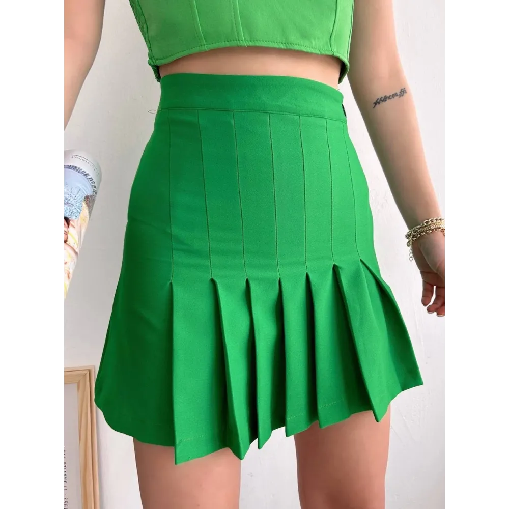 Pileli Düğmeli Etek Açık Yeşil S24811 (Beden: S)