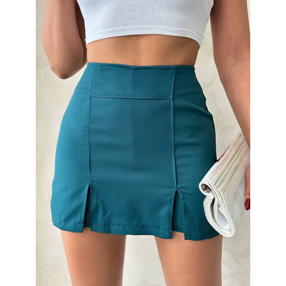 Çift Yırtmaçlı Atlas Şort Etek Petrol Yeşili S240364 (Beden: L)