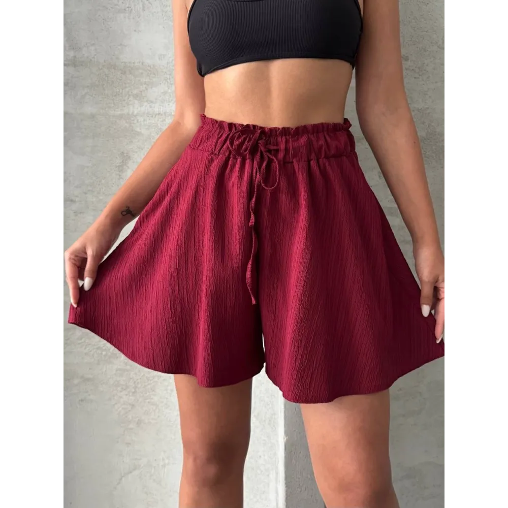 Volanlı Keten Şort Bordo S255058 (Beden: Xl)