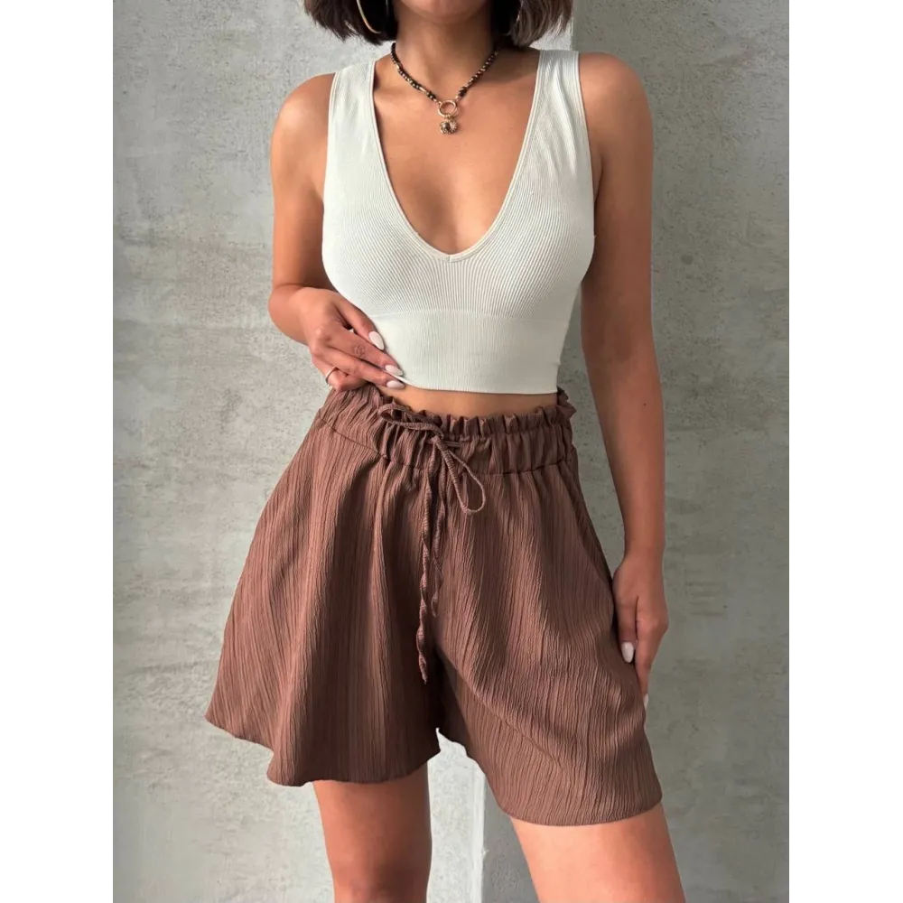 Volanlı Keten Şort Kahve S255058 (Beden: L)