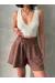 Volanlı Keten Şort Kahve S255058 (Beden: Xl)