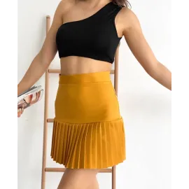 Altı Pliseli Mini Etek Hardal S24705 (Beden: S)