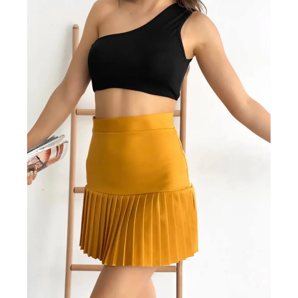 Altı Pliseli Mini Etek Hardal S24705 (Beden: M)
