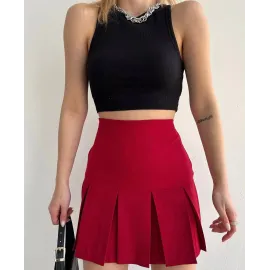 Altı Geniş Pileli Etek Bordo S24729 (Beden: S)