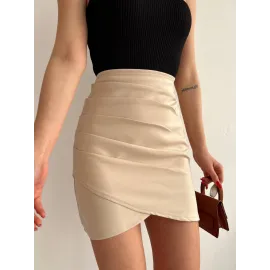 Yandan Drapeli Asimetrik Etek Bej S24771 (Beden: M)