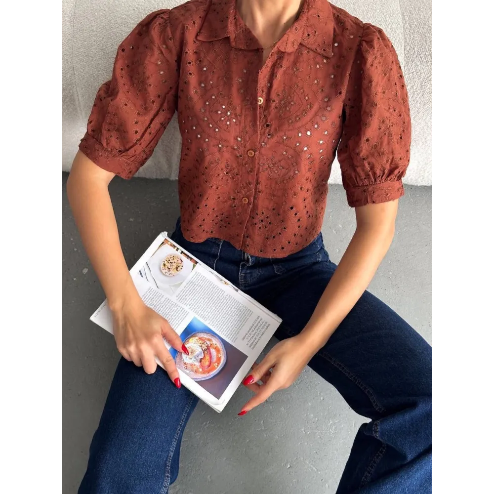 Brodeli Crop Gömlek S1023 Kahve (Beden: S)