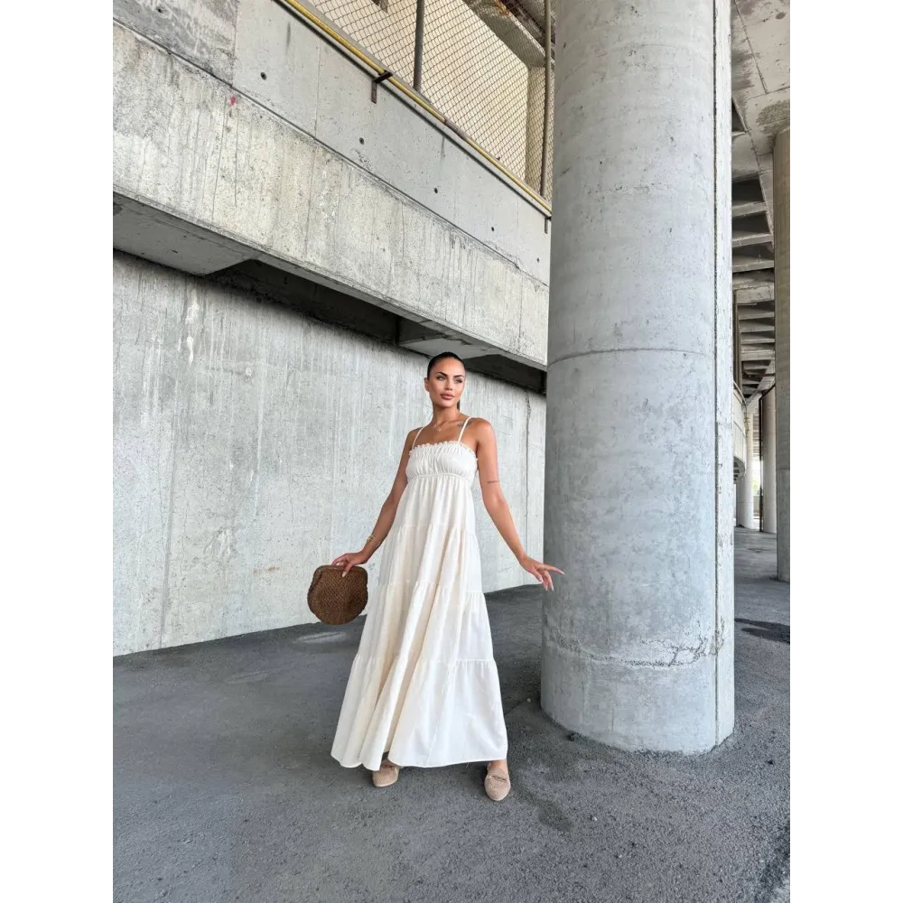 Dantelli Askılı Keten Elbise S4310 Bej (Beden: L)