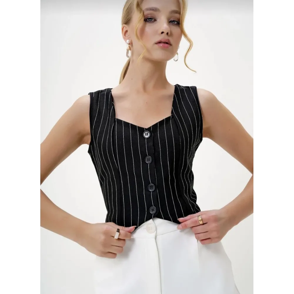 Çizgili Krep Düğmeli Yelek Siyah S3395 (Beden: Xl)