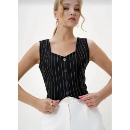 Çizgili Krep Düğmeli Yelek Siyah S3395 (Beden: Xl)