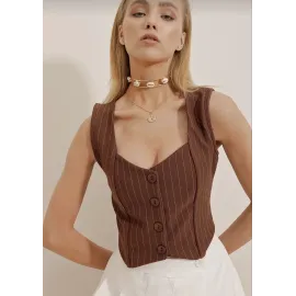 Çizgili Krep Düğmeli Yelek Kahve S3395 (Beden: M)