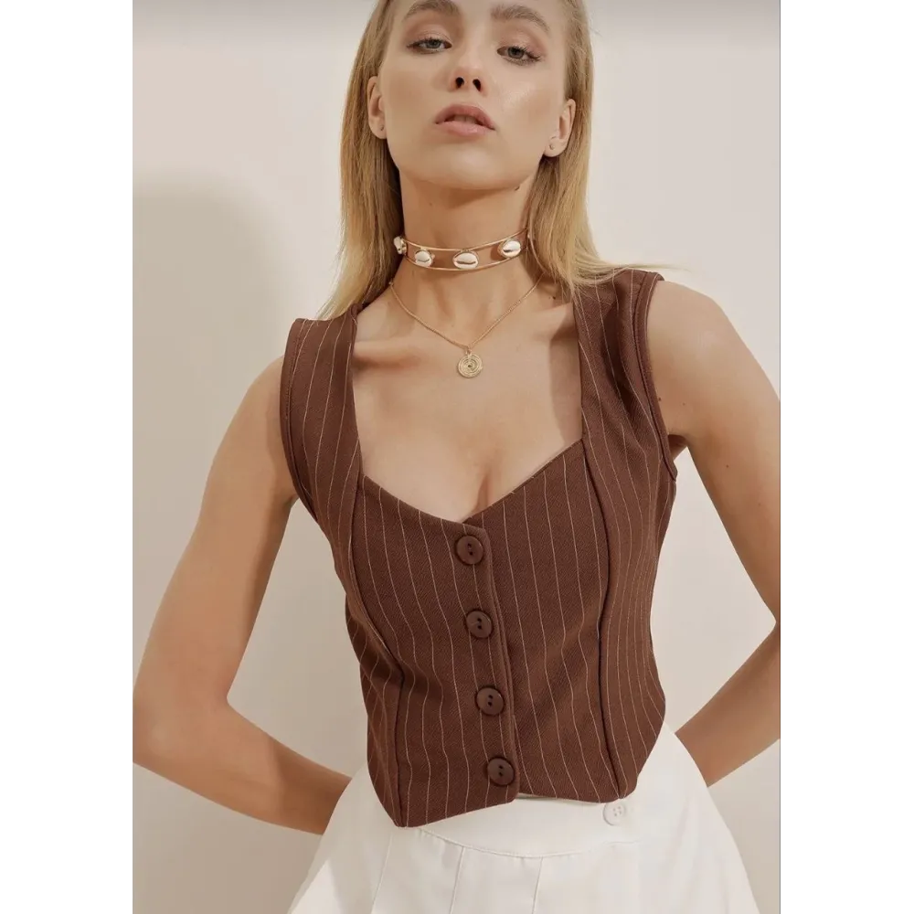 Çizgili Krep Düğmeli Yelek Kahve S3395 (Beden: Xl)