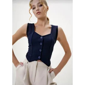 Krep Kumaş Düğmeli Yelek Lacivert S3395 (Beden: Xl)