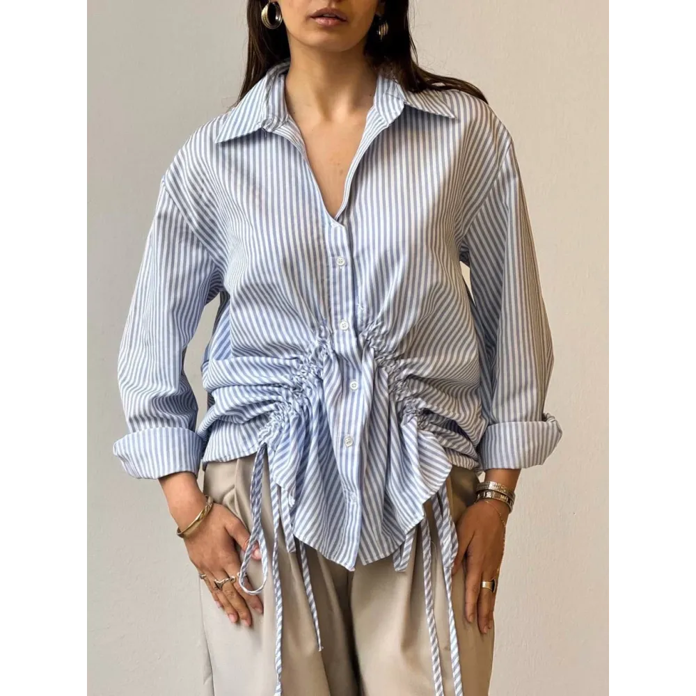 Önü Büzgü Detaylı Çizgili Gömlek Mavi (Beden: S)