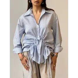 Önü Büzgü Detaylı Çizgili Gömlek Mavi (Beden: S)