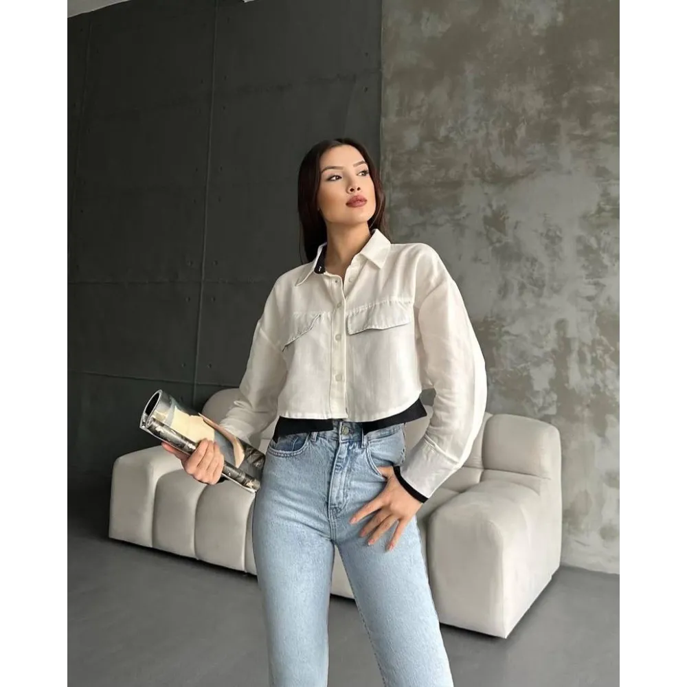 Çift Renkli Kısa Gömlek Krem S4021 (Beden: 38)