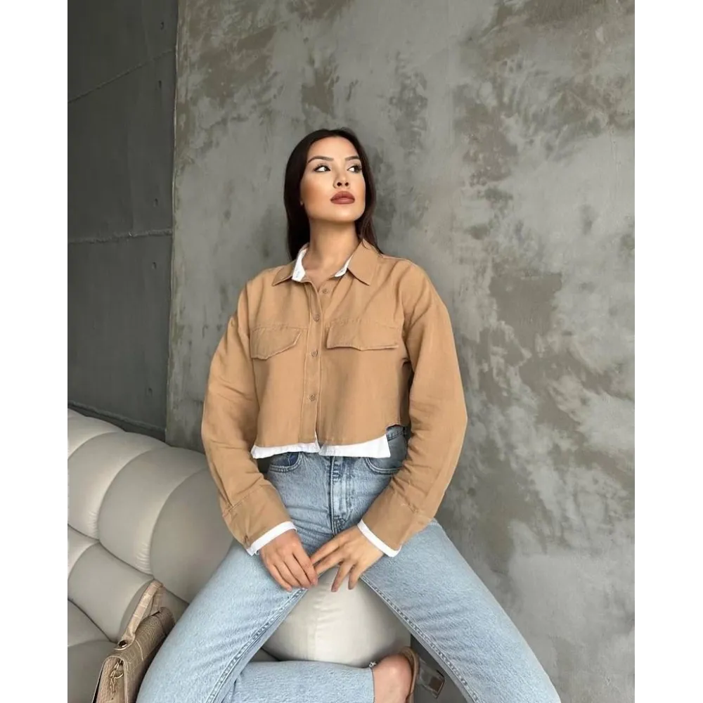 Çift Renkli Kısa Gömlek Vizonbeyaz S4021 (Beden: 40)