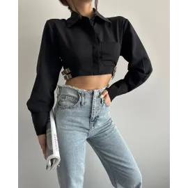 Yanı Kemer Detaylı Crop Gömlek Siyah S4009 (Beden: 36)