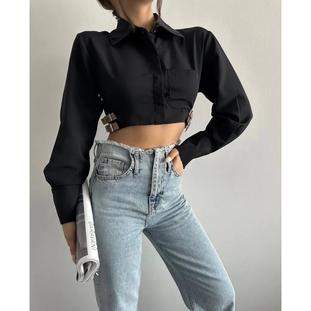 Yanı Kemer Detaylı Crop Gömlek Siyah S4009 (Beden: 38)