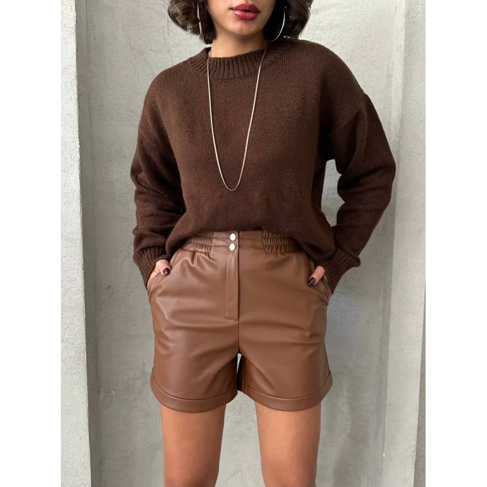 Beli Lastikli Çıtçıtlı Deri Şort Kahve W241007 (Beden: S)