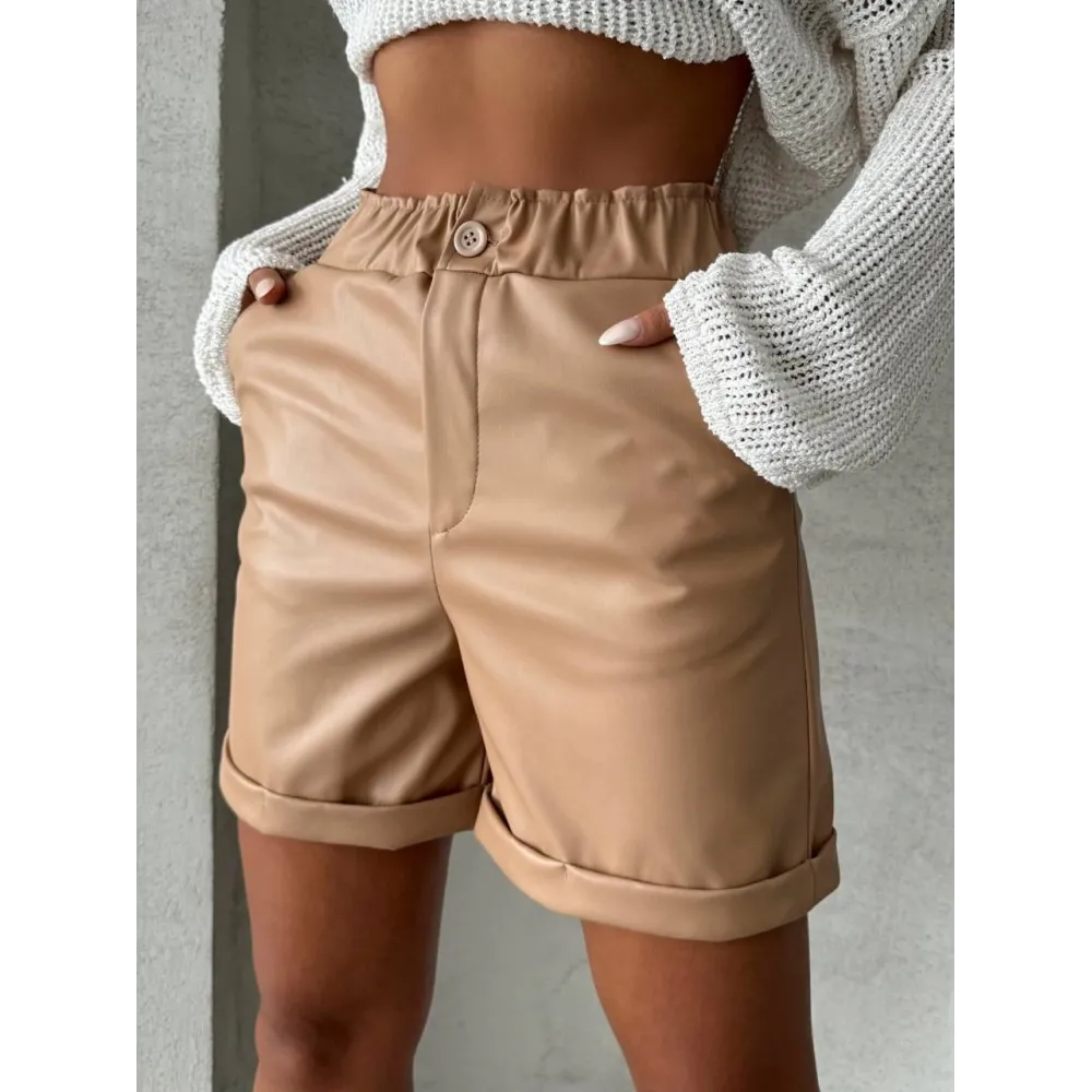 Beli Lastikli Duble Paça Deri Şort Bej W24755 (Beden: M)