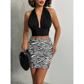 Tek Yırtmaçlı Zebra Desenli Deri Etek Beyazsiyah W24475-S (Beden: L)