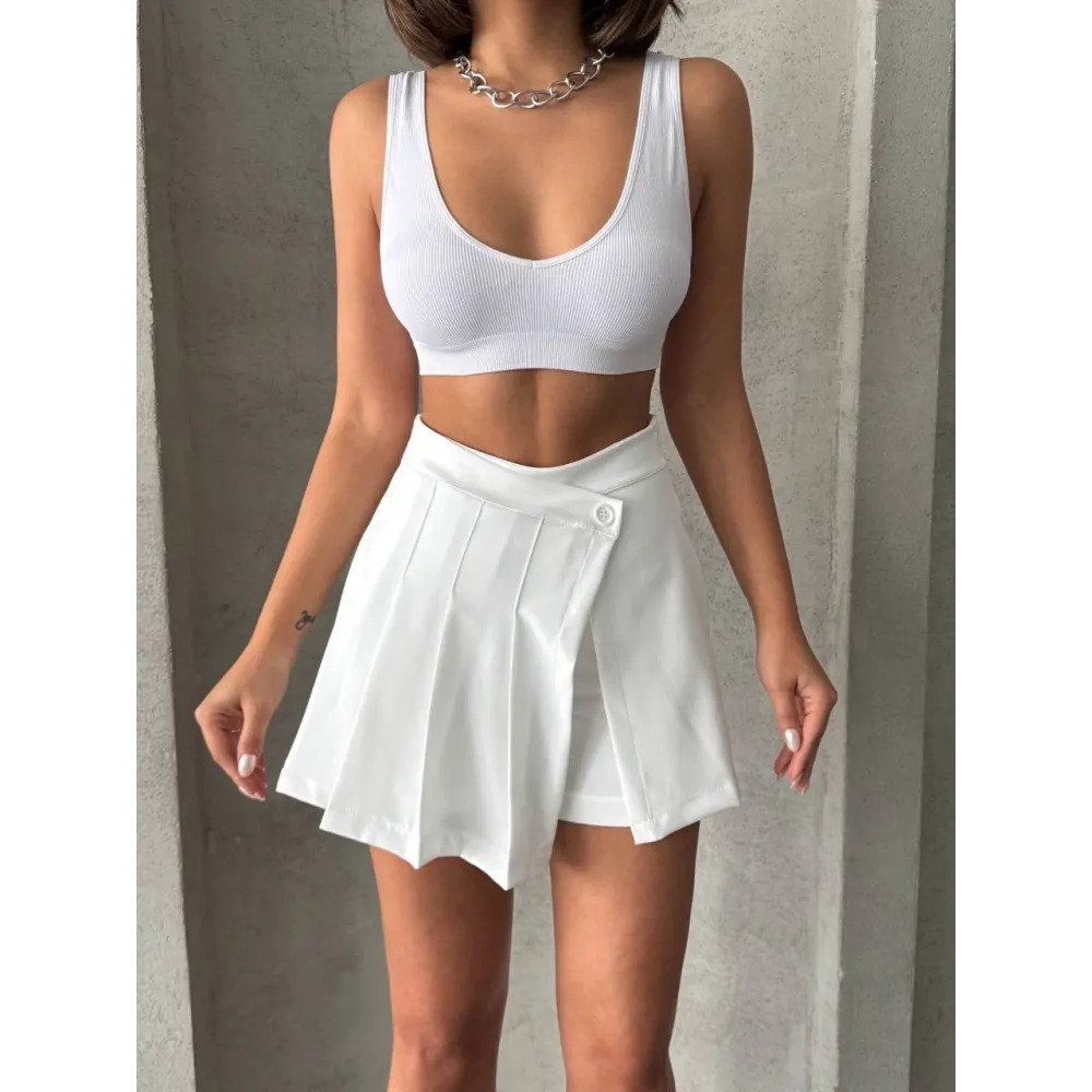 Piliseli Düğmeli Şort Etek Beyaz S25813 (Beden: S)