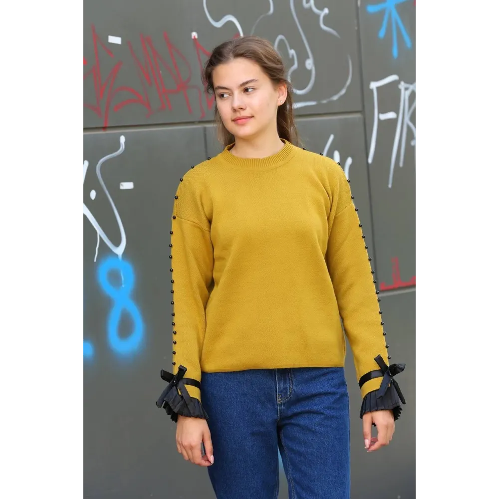 Boncuklu Bile Detaylı Kazak Hardal (Beden: Standart)