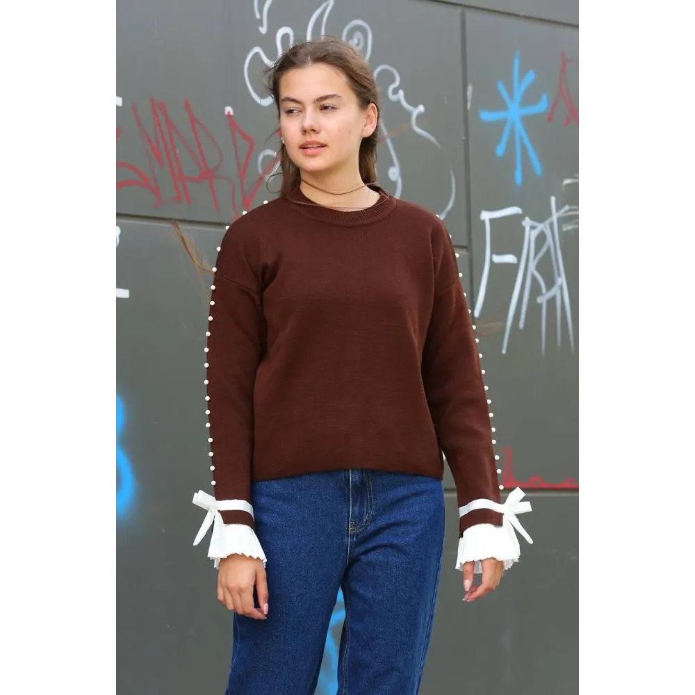 Boncuklu Bile Detaylı Kazak Kahve (Beden: Standart)