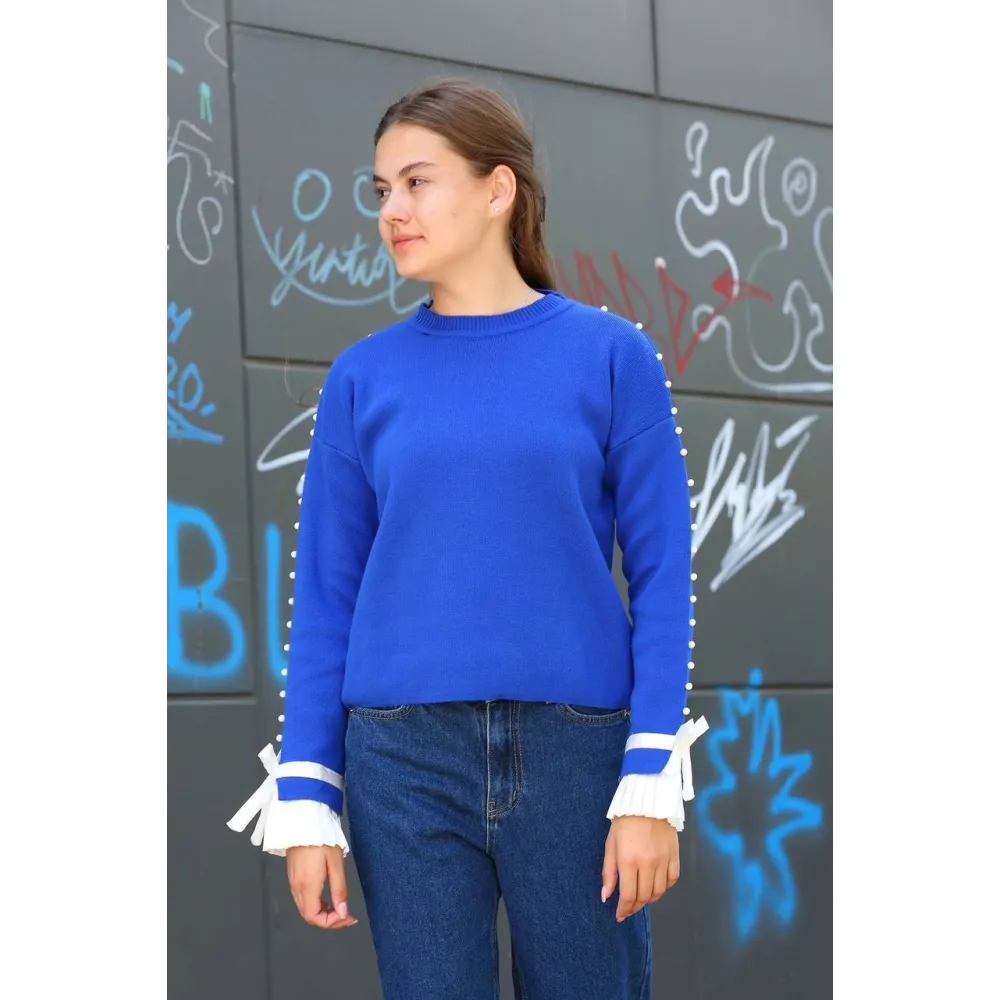 Boncuklu Bile Detaylı Kazak Saks Mavisi (Beden: Standart)