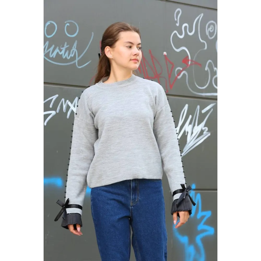 Boncuklu Bile Detaylı Kazak Gri (Beden: Standart)