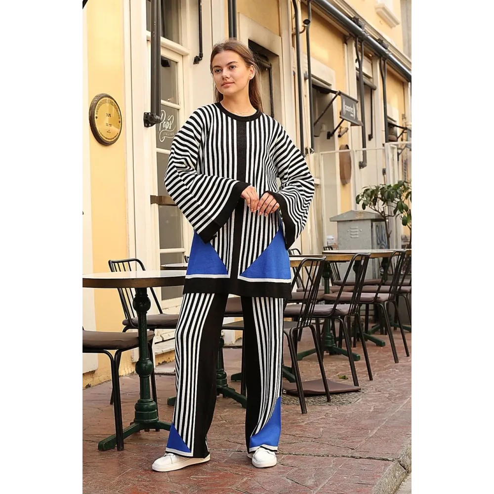 Çizgili Bisiklet Yaka Triko Takım Siyah (Beden: Standart)