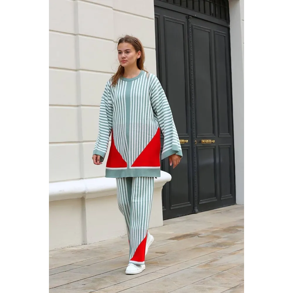 Çizgili Bisiklet Yaka Triko Takım Mint (Beden: Standart)