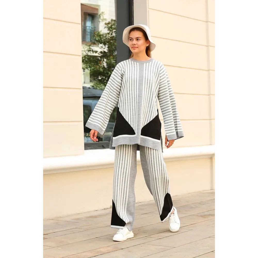 Çizgili Bisiklet Yaka Triko Takım Gri (Beden: Standart)