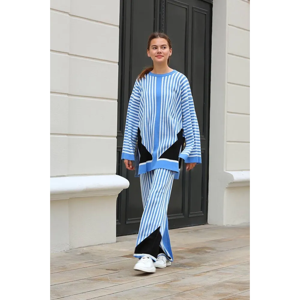 Çizgili Bisiklet Yaka Triko Takım Mavi (Beden: Standart)