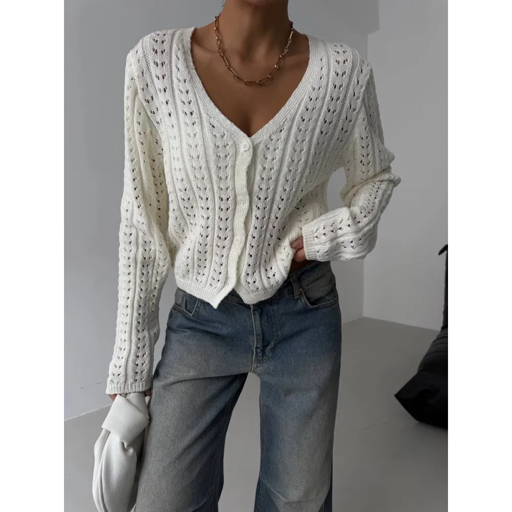 Küçük Düğmeli Küçük Örgülü Triko Hırka Beyaz (Beden: Standart)