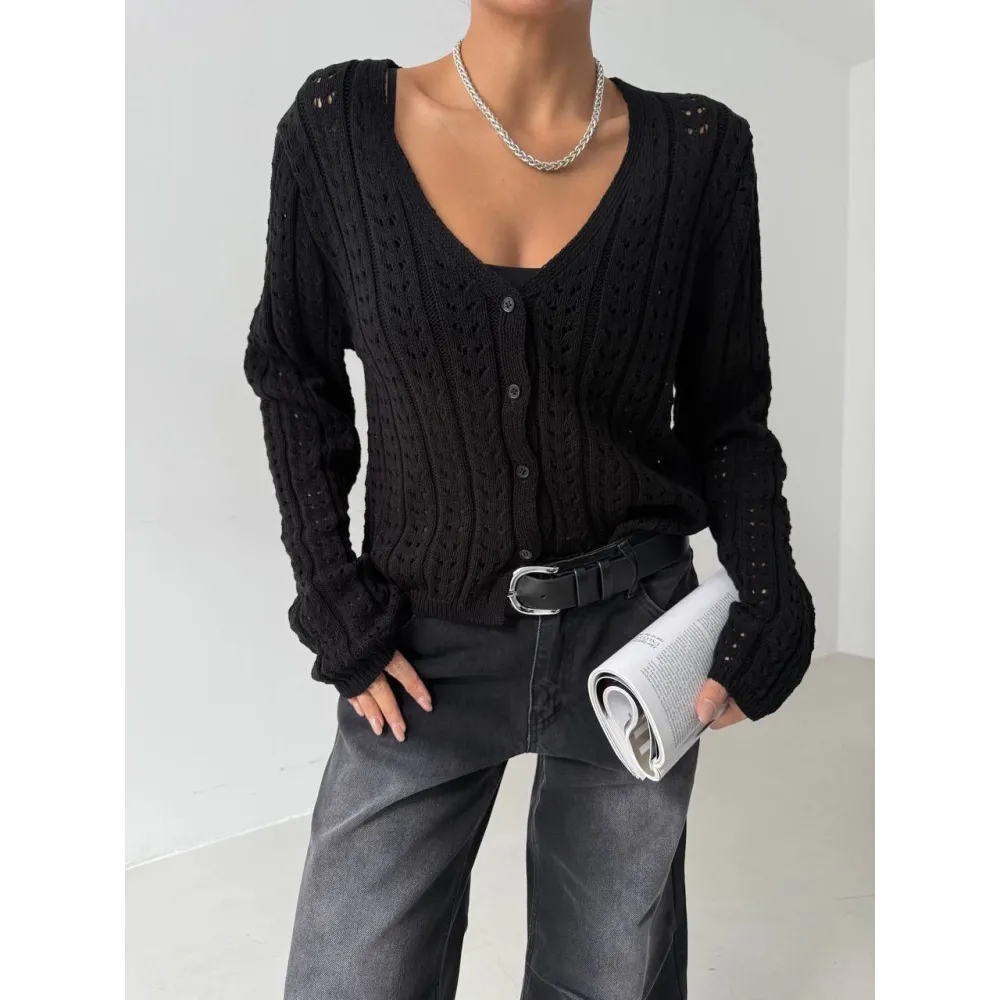 Küçük Düğmeli Küçük Örgülü Triko Hırka Siyah (Beden: Standart)