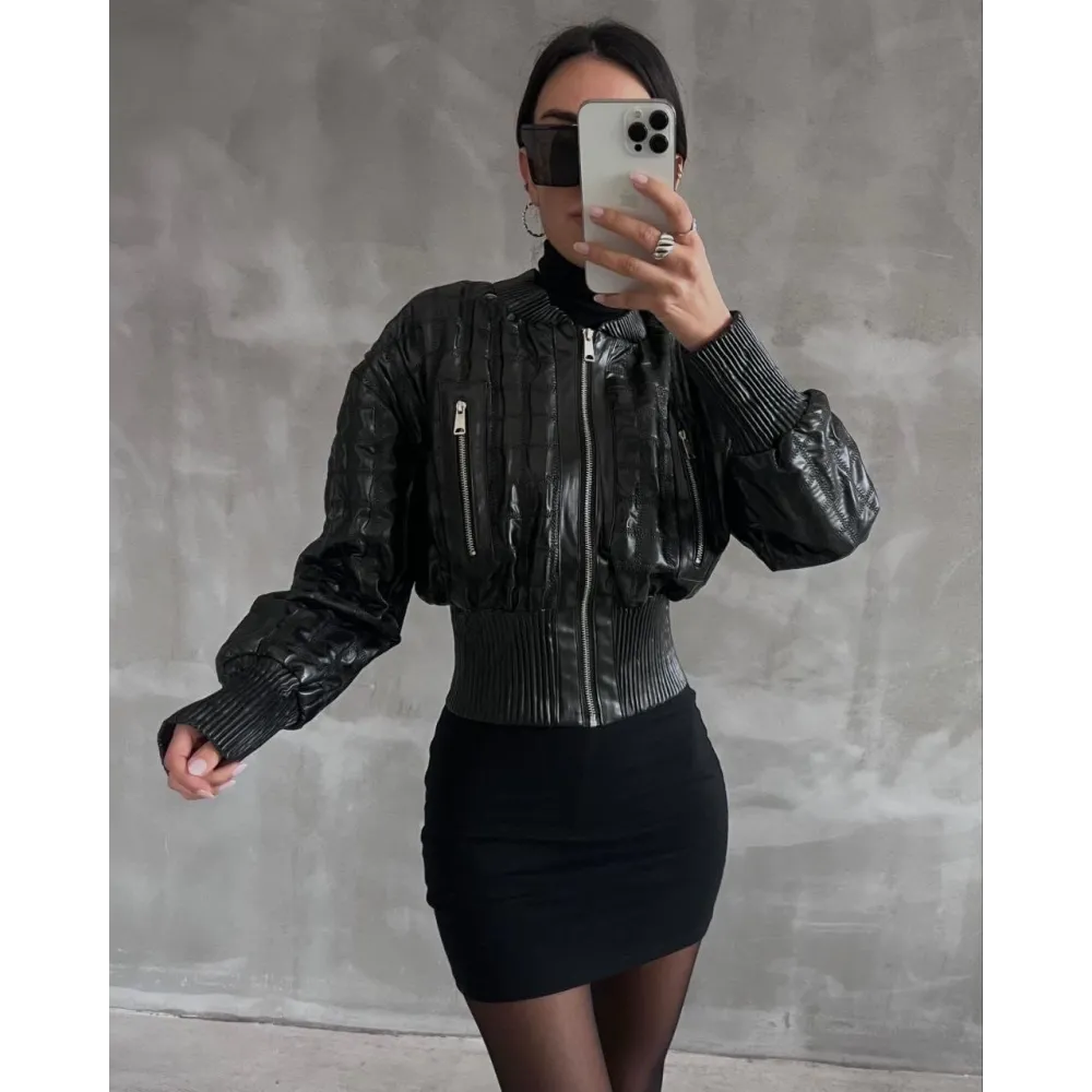 Beli Büzgülü Crop Deri Ceket Siyah (Beden: Xs)