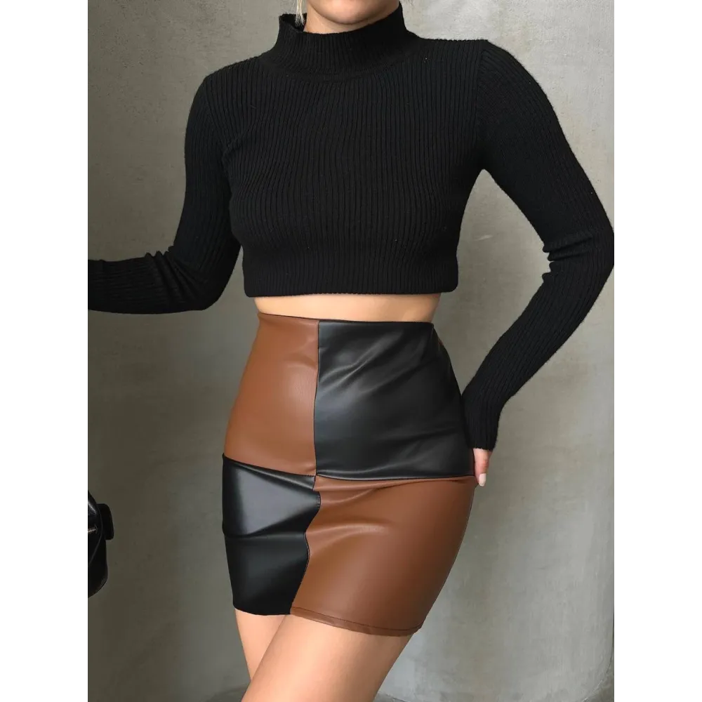 Damalı Deri Etek Siyah Kahve W24648 (Beden: M)