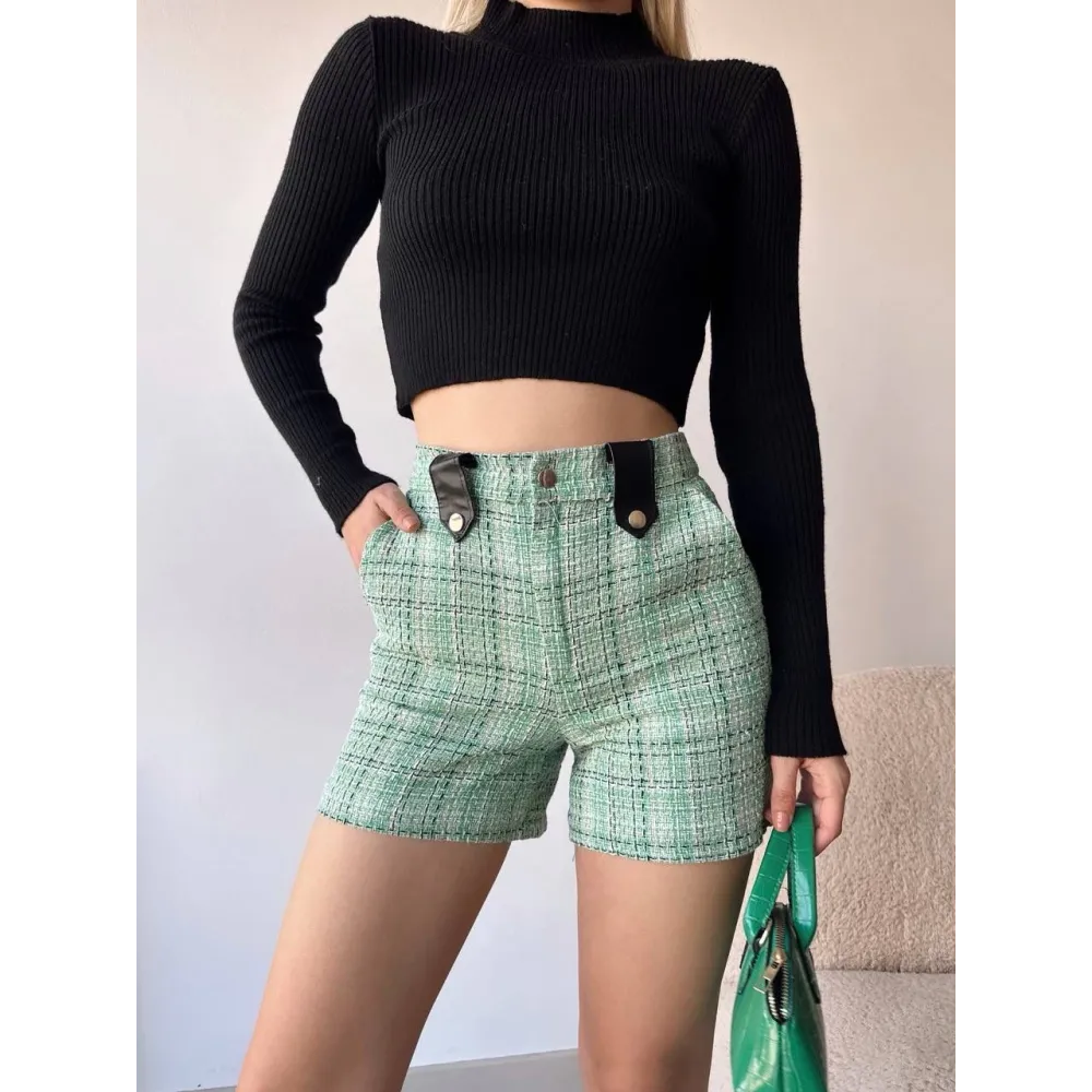 Çıtçıtlı Siyah Köprü Tüvit Şort Yeşil (Beden: S)