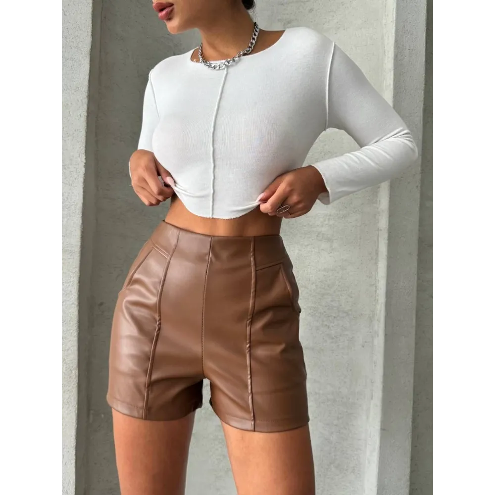 Parçalı Cepli Deri Şort Taba W26312 (Beden: M)