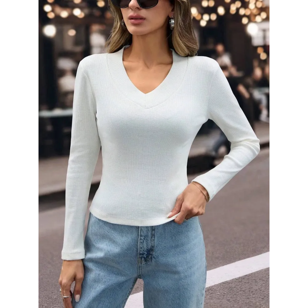 V Yaka Kaşkorse Bluz Beyaz W3817 (Beden: L)