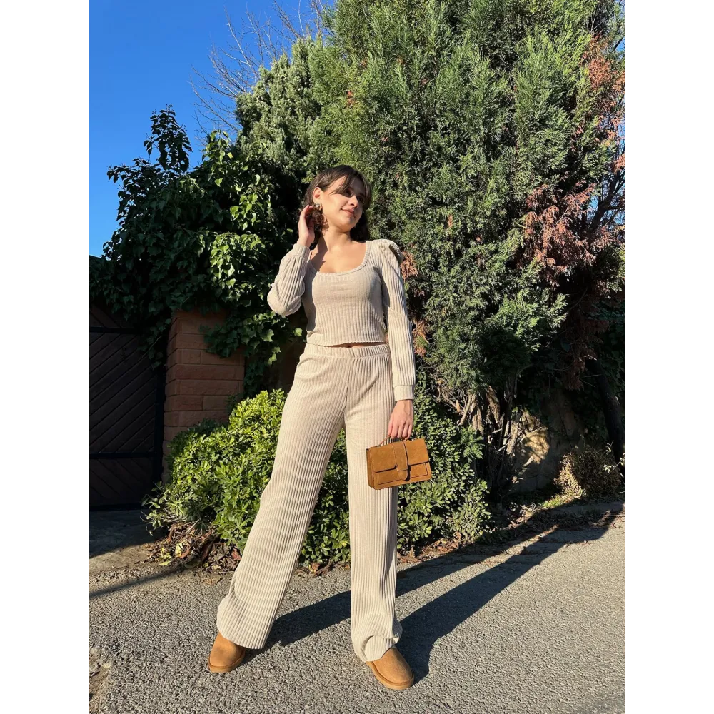 Fitilli Prenses Kol Alt Üst Takım Bej (Beden: L)