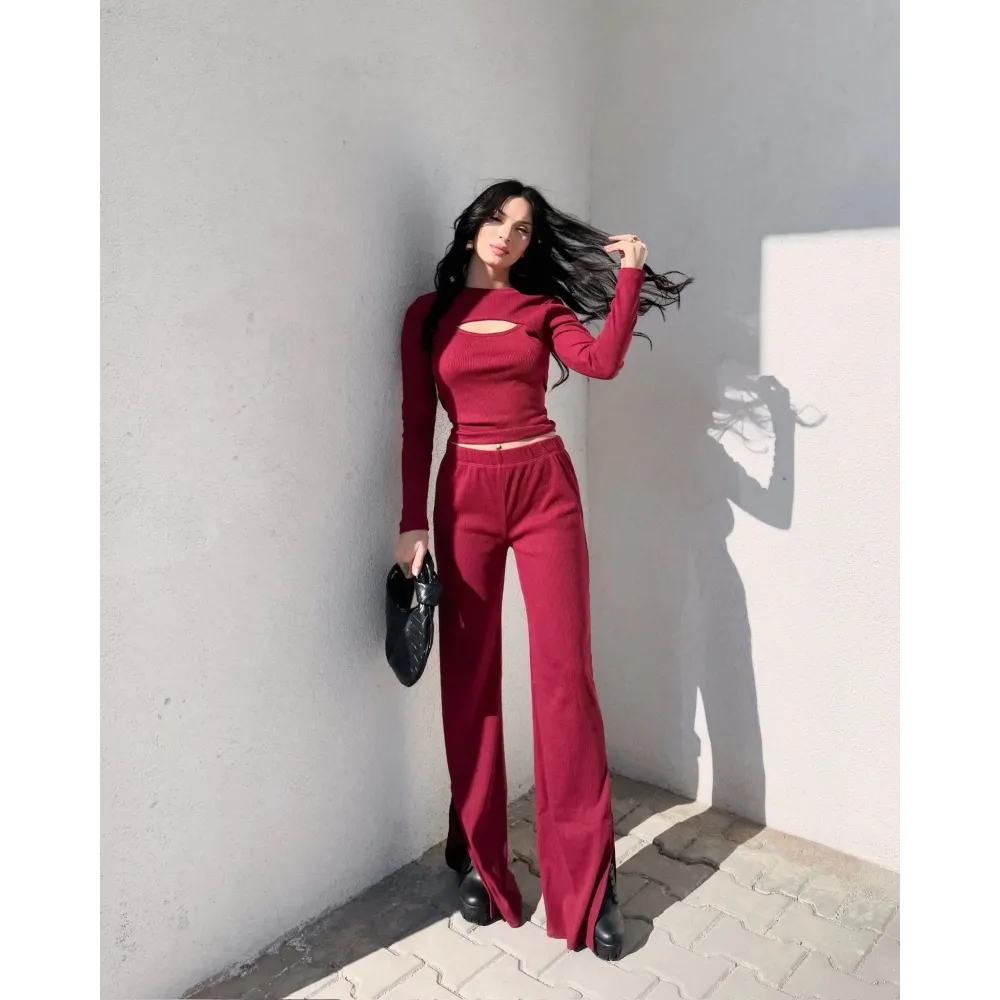 Pencereli Detaylı Alt Üst Takım Bordo W3864 (Beden: L)