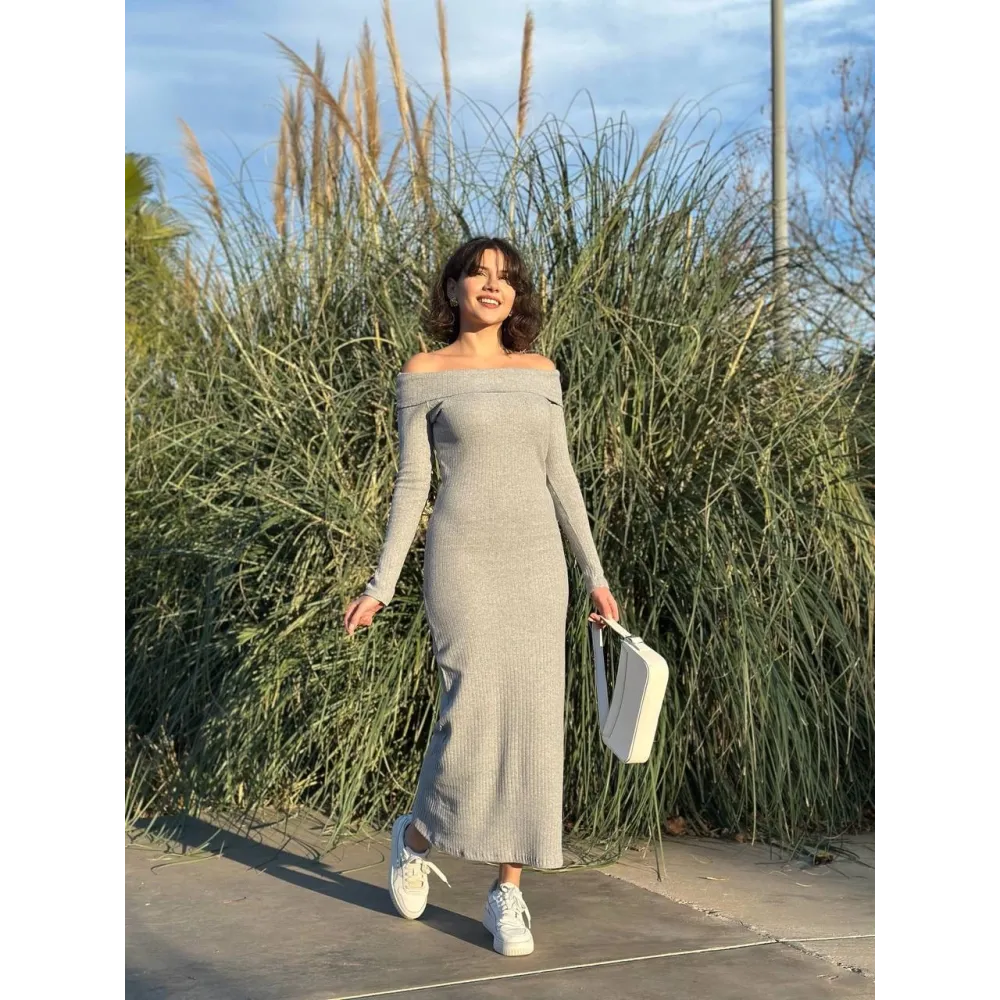 Madonna Yaka Uzun Elbise Şardonlu Kumaş Gri W3753 (Beden: M)