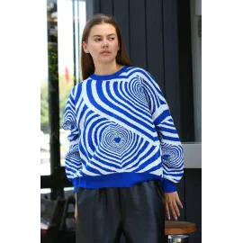 Beyaz Kalp Çizgili Kazak Saks Mavisi (Beden: Standart)