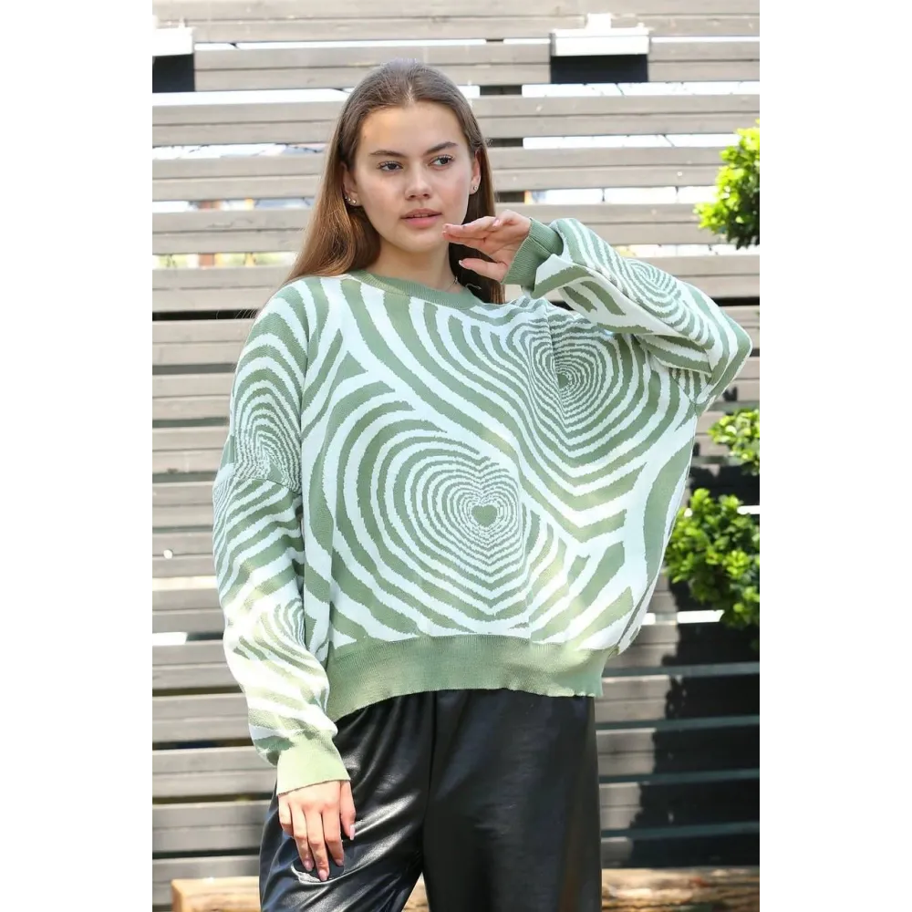 Beyaz Kalp Çizgili Kazak Mint (Beden: Standart)