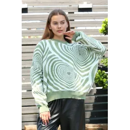 Beyaz Kalp Çizgili Kazak Mint (Beden: Standart)